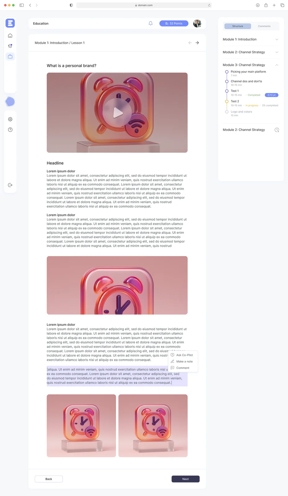 Lesson page with progress